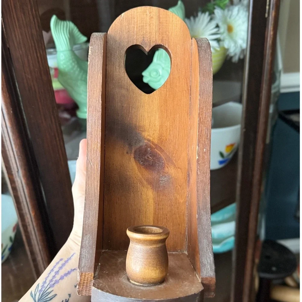 Rustic Cottage Farmhouse Wood Heart Cutout Wall Sconce Candle Holder Brown Wood